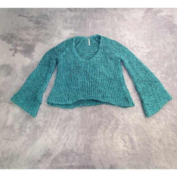 Free People Sz XS-S Sweater Womens Green Sleeve V Neck Chunky Knit Winter C13-4 - Picture 1 of 8